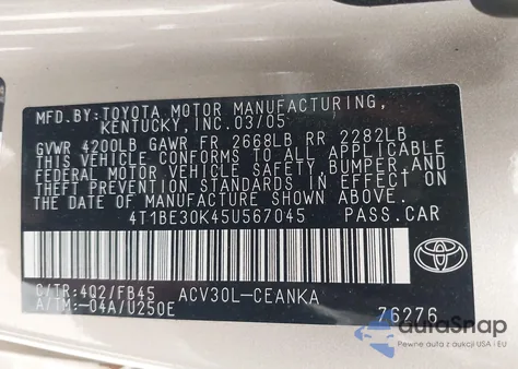 2005 Toyota Camry Le from USA, damaged, VIN 4T1BE30K45U567045